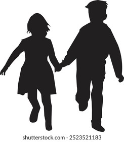 silhouette of a boy and girl playing and running happily