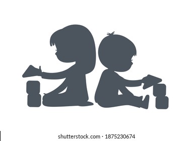 Silhouette von Jungen und Mädchen, die mit Spielzeugblöcken spielen. Kann als Logo oder Zeichen verwendet werden. Vektorschlichte Schwarz-Weiß-Illustration. isoliert.