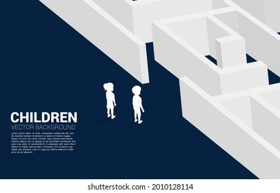 Silhouette of boy and girl ready to enter the maze. Concept of education solution and future of children.
