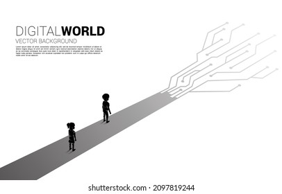Silhouette of boy and girl standing on the way with dot connect line circuit. concept of digital world of children.