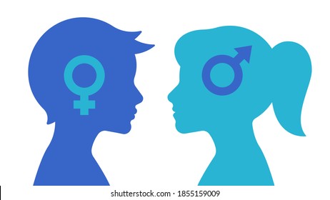 Silhouette of boy and girl. Symbols of male and female: the arrow of Mars and the mirror of Venus. The concept of gender education, relationships and child psychology. Vector illustration.