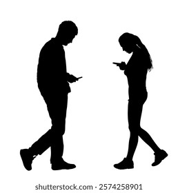 Silhouette boy and girl talking watch on phone vector illustration. Sad breakup couple wait for partners call. Teenagers love trouble conflict, suspicion of fraud adultery. Boyfriend girlfriend talk.