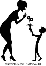 Silhouette of a boy giving some flowers to his mother. Black and white. Vector. Happy Mothers Day.
