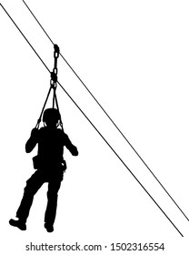 Silhouette Of A Boy Gliding On Zip Line. Vector Illustration. 
