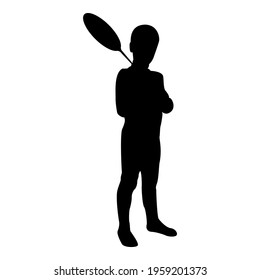 Silhouette of boy holding badminton racket. cute young child holding toy shuttlecock while standing. happy teenage summer sport action concept. kid playing and  having fun at camp, activity concept. fun black color vector 