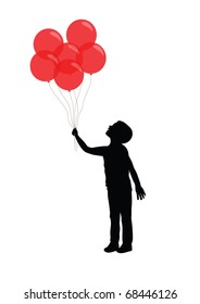 Silhouette of a boy holding red balloons