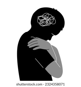 Silhouette of a boy hugging self with sad emotion. Kid mental health concept. flat vector illustration. 