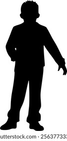 Silhouette of a boy looking at the camera. Black silhouette on a white background. Vector drawing.