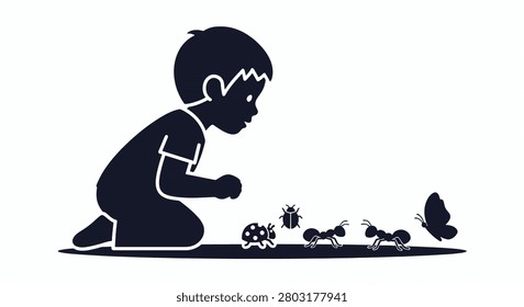 Silhouette of boy observing ladybugs closely