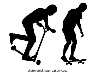 Silhouette of boy on roller skates on white background