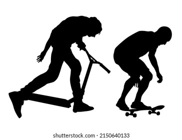 Silhouette of boy on roller skates on white background