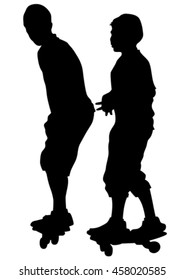 Silhouette of boy on roller skates on white background