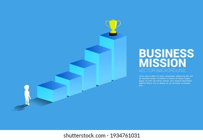Silhouette boy planning to get trophy on top of graph. Business Concept of goal and vision mission