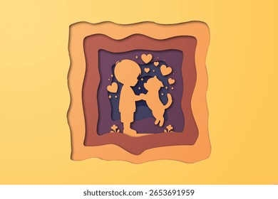 Silhouette of boy playing with dog in paper cut frame with hearts. 3d papercutting greeting card with child holding puppy and heart ornaments. Abstract multicolor papercut wavy layers texture vector.