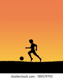 silhouette boy playing football alone with sunset sky. vector