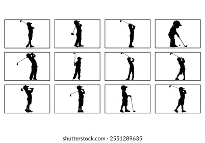 Silhouette eines Jungen, der Golf spielt. Das Kind steht im Profil und hat den Stock geschwenkt, um zuzuschlagen