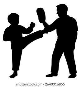 silhouette of a boy practicing taekwondo with a coach. vector illustration