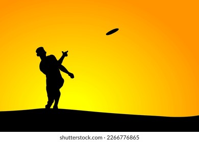 Silhouette of a boy propel a flying disc into the air against a crepuscular horizon for the concept of having fun at the playground. 