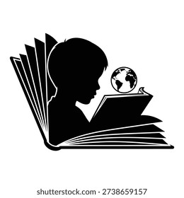 Silhouette of boy reading book with globe above open book