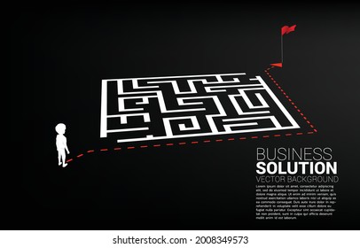 Silhouette of boy with route path around  the maze to goal. Concept of education solution and future of children.