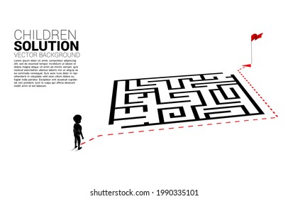 Silhouette of boy with route path go around the maze to goal. Concept of education solution and future of children.