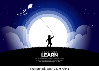 silhouette of boy running with flying kite in the sky at night. Concept of children play and learn.