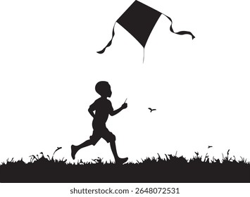 A silhouette of a boy running with a kite in a field, depicted in black and white for a simple aesthetic