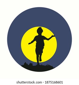 the silhouette of a boy running in the moonlight. best for kids fantasy illustration, kids playing symbol, illustration of happiness and childhood imagination.
