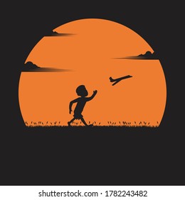 Silhouette a boy running with a paper plane in the sunset. dream, active, success, vector illustration flat design
