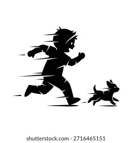 Chico de silueta corriendo con Ilustración vectorial de perro Pequeño. Niños jugando con mascotas, estilo de vida activo y símbolo de amistad. Diversión al aire libre con compañero canino.