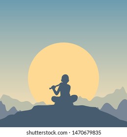 Silhouette of a boy sitting in a lotus position on top of a hill and playing the flute. Vector illustration in flat style with mountain landscape, sun and children. Template for card, poster, banner.