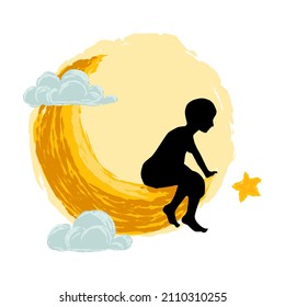 silhouette of a boy sitting on a crescent moon with clouds