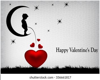 Silhouette boy sitting on moon and wrote in red heart