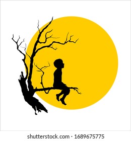 silhouette of a boy sitting on a tree branch against a full moon background. yellow and black. quiet. lonely. alone. sadness. vector 2020