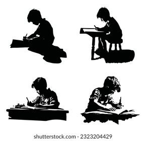 silhouette of boy sitting writing or drawing