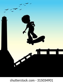 Silhouette boy skateboarding on the street illustration