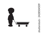 Silhouette of a boy with a small red cart