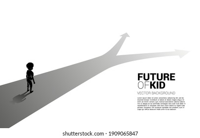 Silhouette of boy standing at crossroad. Concept of education solution and decision of future.
