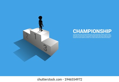 Silhouette of boy standing on first place podium. Business Concept of winner and success