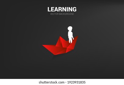 Silhouette of boy standing on paper ship move to goal. Concept of education solution and future of children.