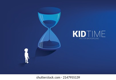 Silhouette of boy standing with sand clock. Concept for kid and children time.