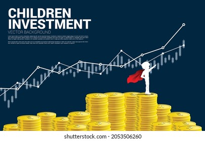 Silhouette of boy in superhero on stack of coin. Concept of education start and future of children.
