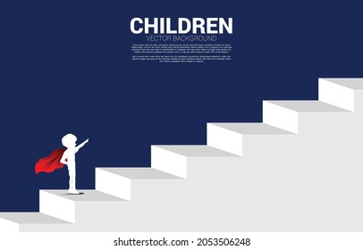 Silhouette Of Boy In Superhero On Stair Step. Concept Of Education Start And Future Of Children.