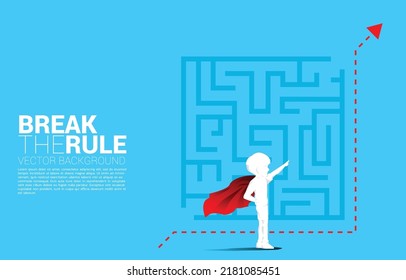 Silhouette of boy in superhero with route path go around the maze to goal. Concept of education solution and future of children.