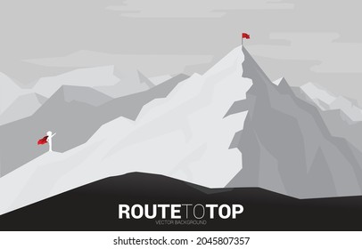 Silhouette of boy in superhero suit point to top of mountain. Concept of education start and future of children.