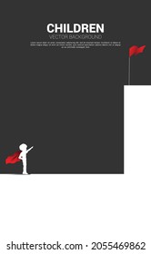 Silhouette of boy in superhero suit point to top floor. Concept of education start and future of children.
