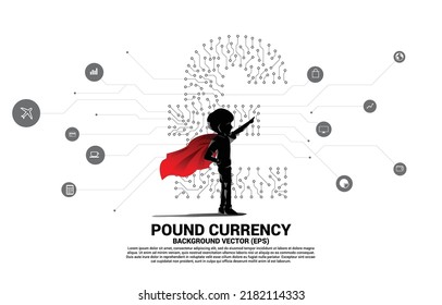 Silhouette of boy in superhero suit standing with pound currency money icon from circuit board style dot connect line. Concept for digital economy and financial network connection.