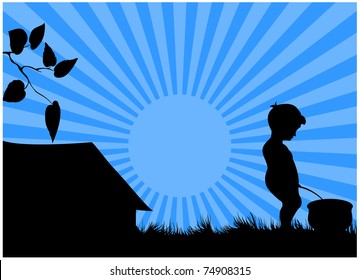 Silhouette of a boy urinating on a meadow near the tents