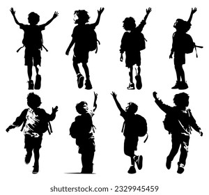 silhouette of boy wearing school bag waving hand, back to school