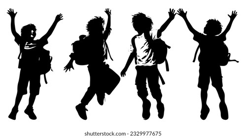 silhouette of boy wearing school bag jumping happily